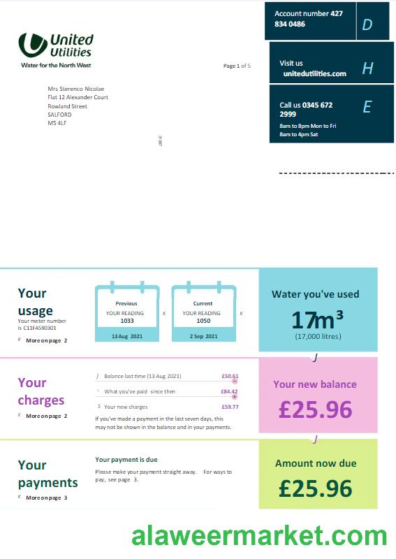 UNITED KINGDOM UNITED UTILITIES utility bill Word and PDF template